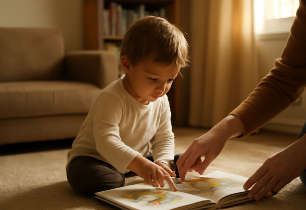 Anak duduk di lantai ruang keluarga sambil menunjuk buku bergambar yang sedang dibaca bersama orang tua