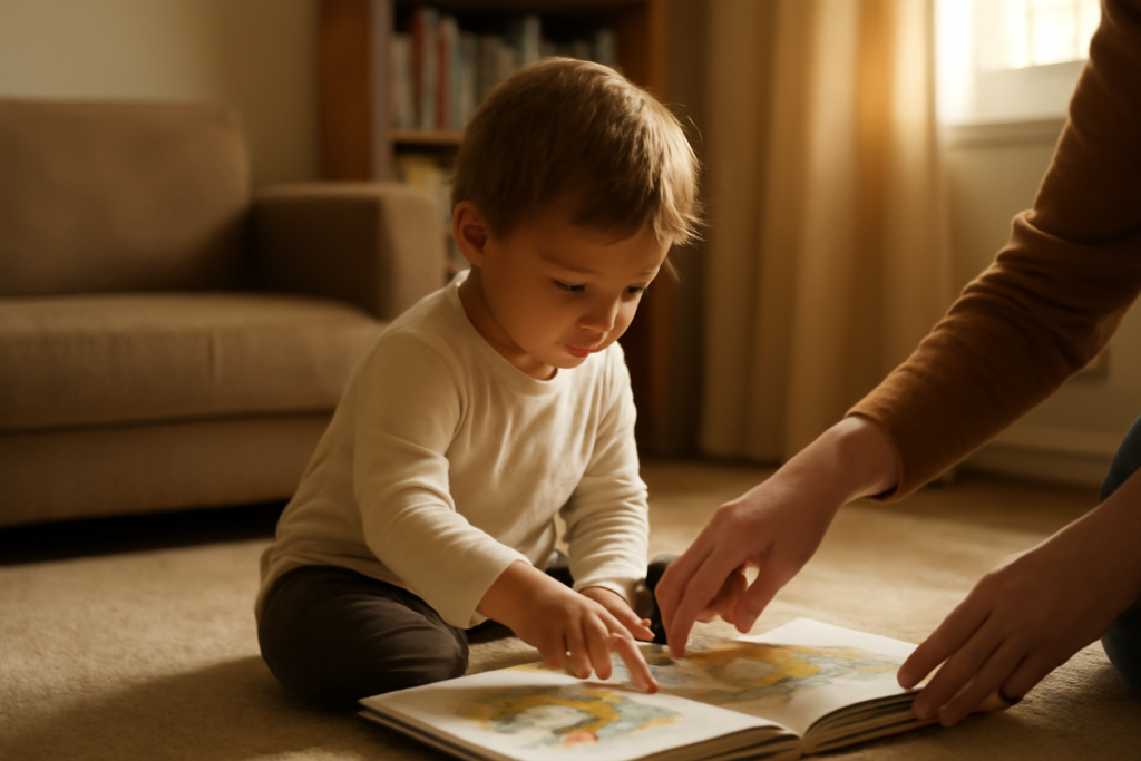 Anak duduk di lantai ruang keluarga sambil menunjuk buku bergambar yang sedang dibaca bersama orang tua
